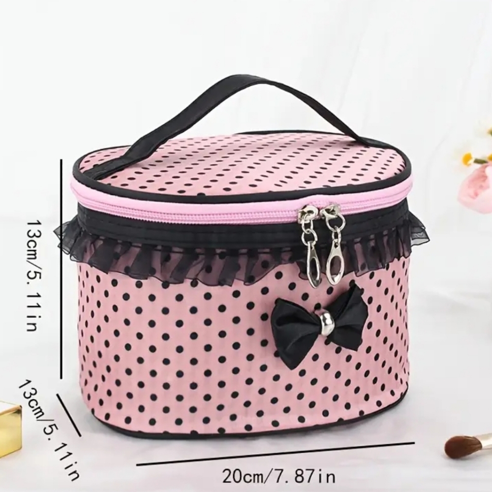 🆕️EXTRA LARGE VINTAGE PINK & BLACK POLKA DOT ZIPPERED COSMETIC BAG WITH POCKETS - Picture 6 of 16